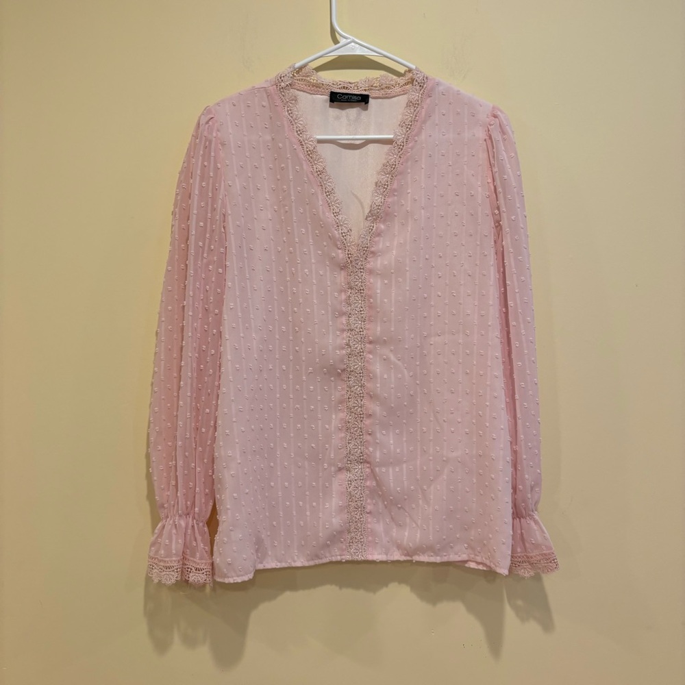 Camisa Pink Swiss Dot Lace Trim Blouse Size M